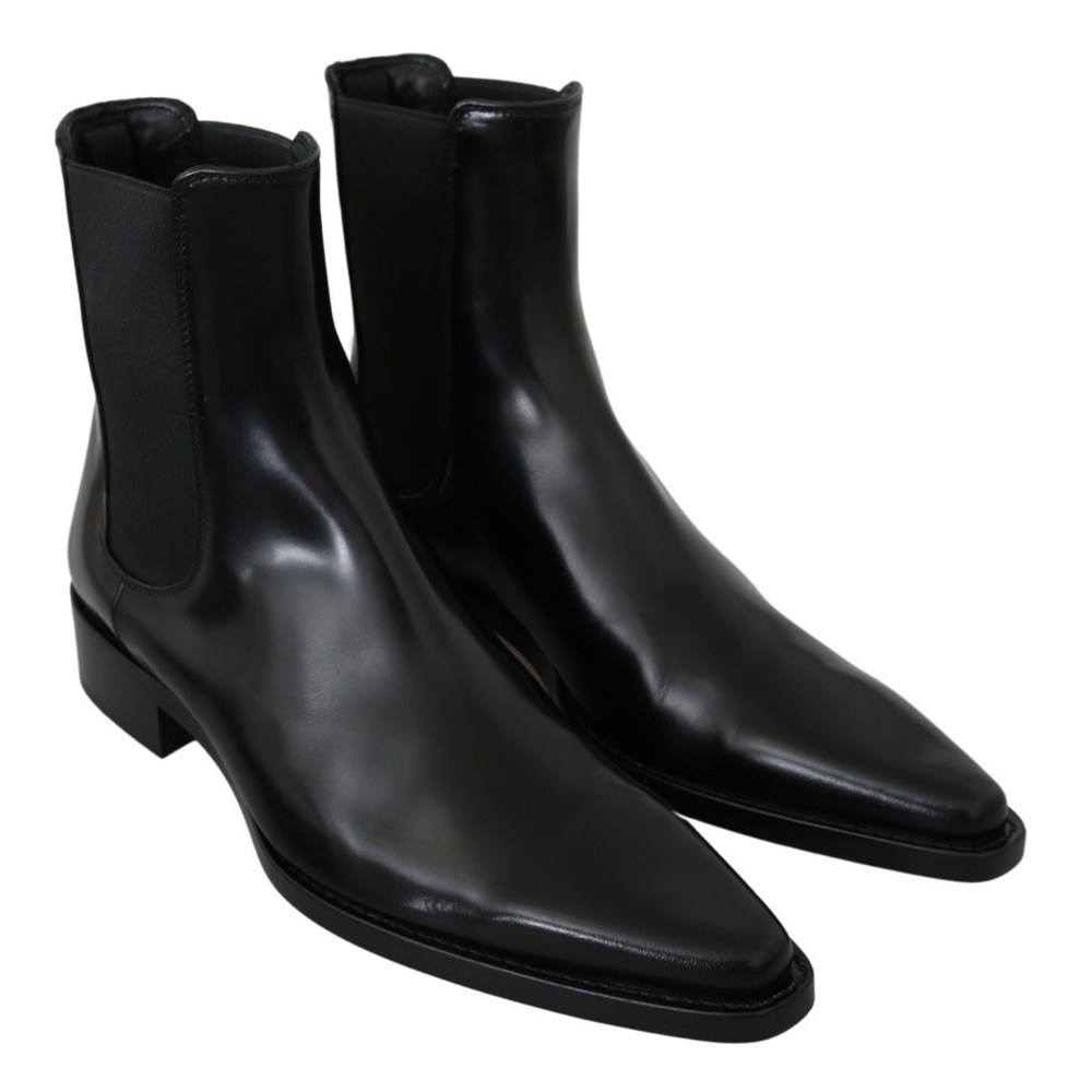 DOLCE & GABBANA Black Leather Pointed Toe Chelsea Booties